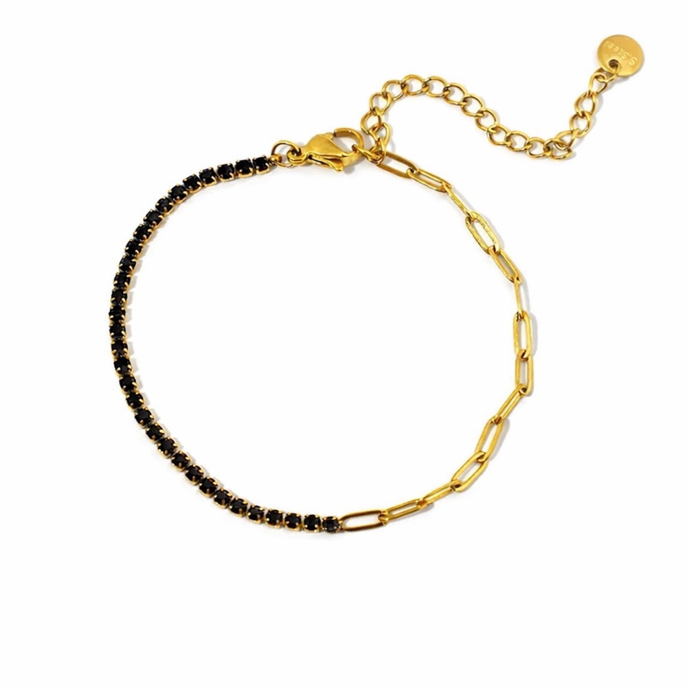 Gold PVD Stainless Steel Half Tennis, Half Paperclip Link Bracelet